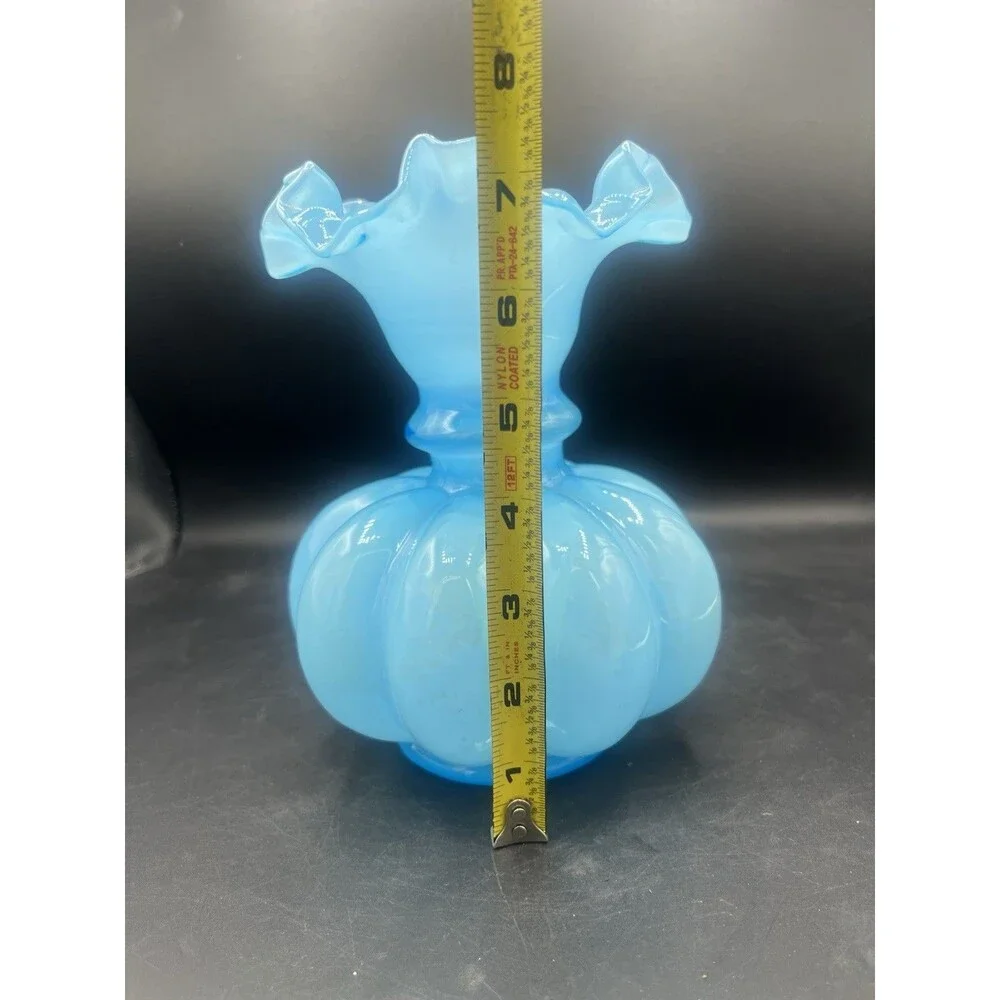 Vintage Fenton Blue Opalescent Melon Vase Ruffled Rim Mid Century Art Glass 7.75